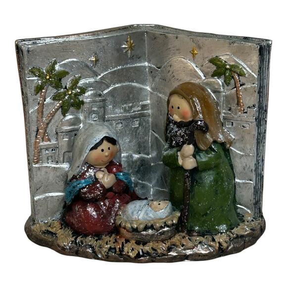 Nativity Scene Set in Open Book Silver Tone Earth Tones Christmas Home Decor - Picture 3 of 7
